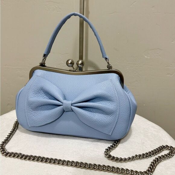 Blue Togo Cowhide Leather Handmade Large Bow Kisslock Bag With 3 Strap Styles - Picture 7 of 16